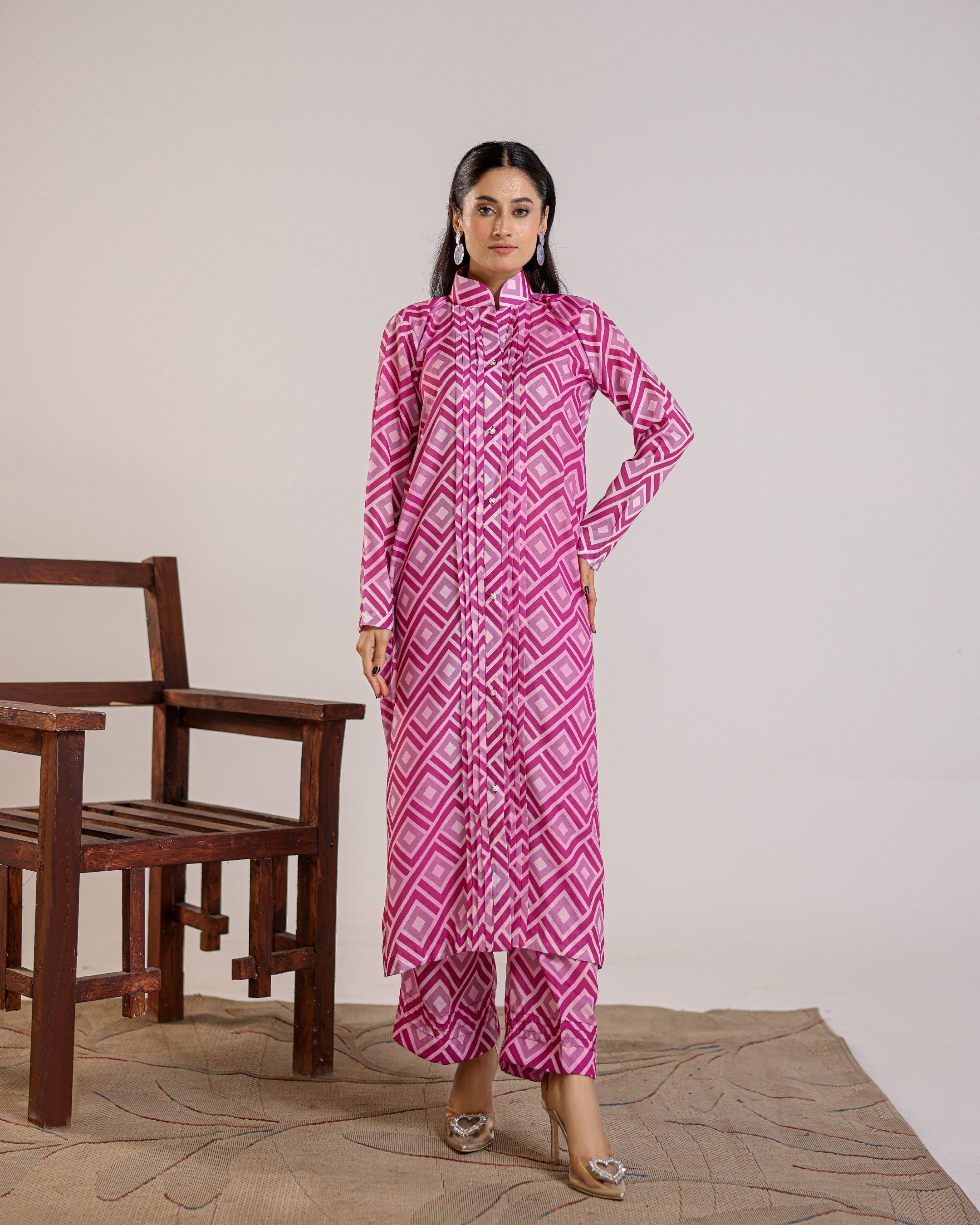 Geometric Charm Pink Geometric Print Grip Silk 2-Piece Set by Qasim Yaqoob
