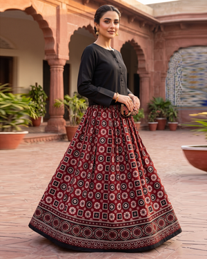 AJRAK Printed Grip Silk and Cotton Vogue Skirt Set by Qasim Yaqoob