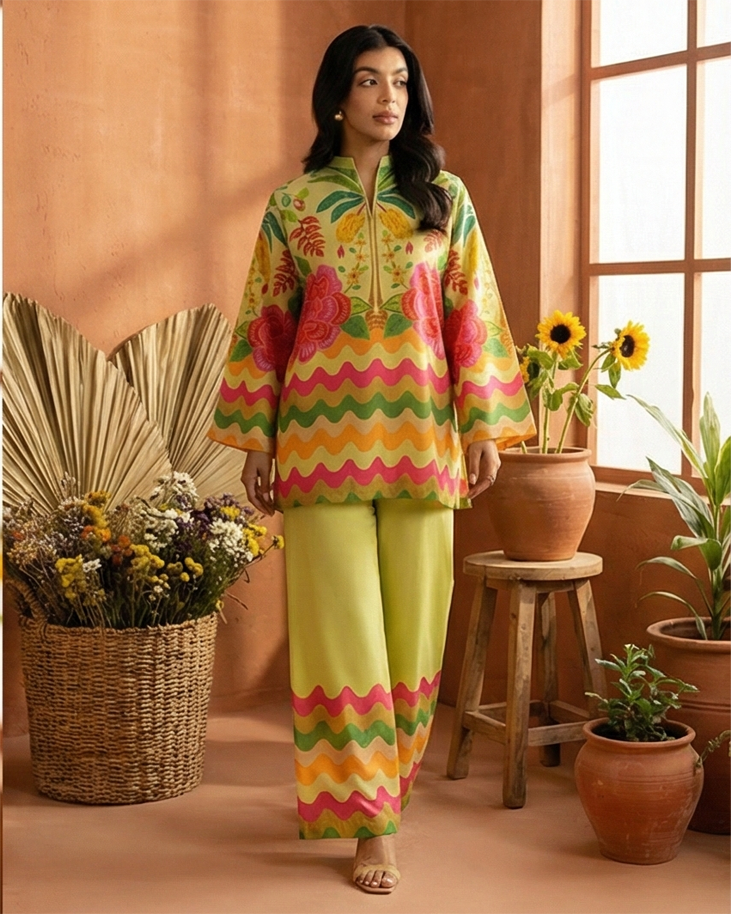 Palm Grace Lime Green Floral Lawn 2-Piece Suit by Qasim Yaqoob