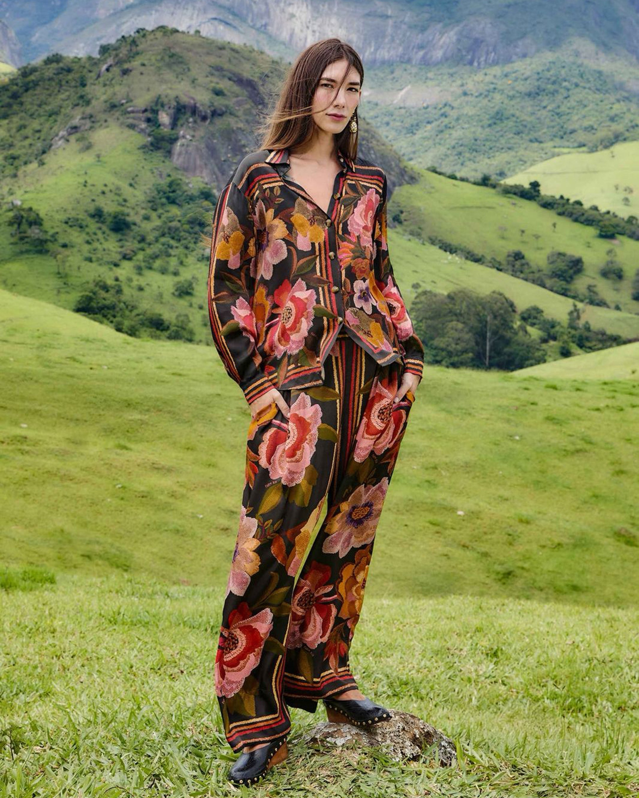 Autumn Petal Bold Floral Co-Ord Set Black Base by Qasim Yaqoob