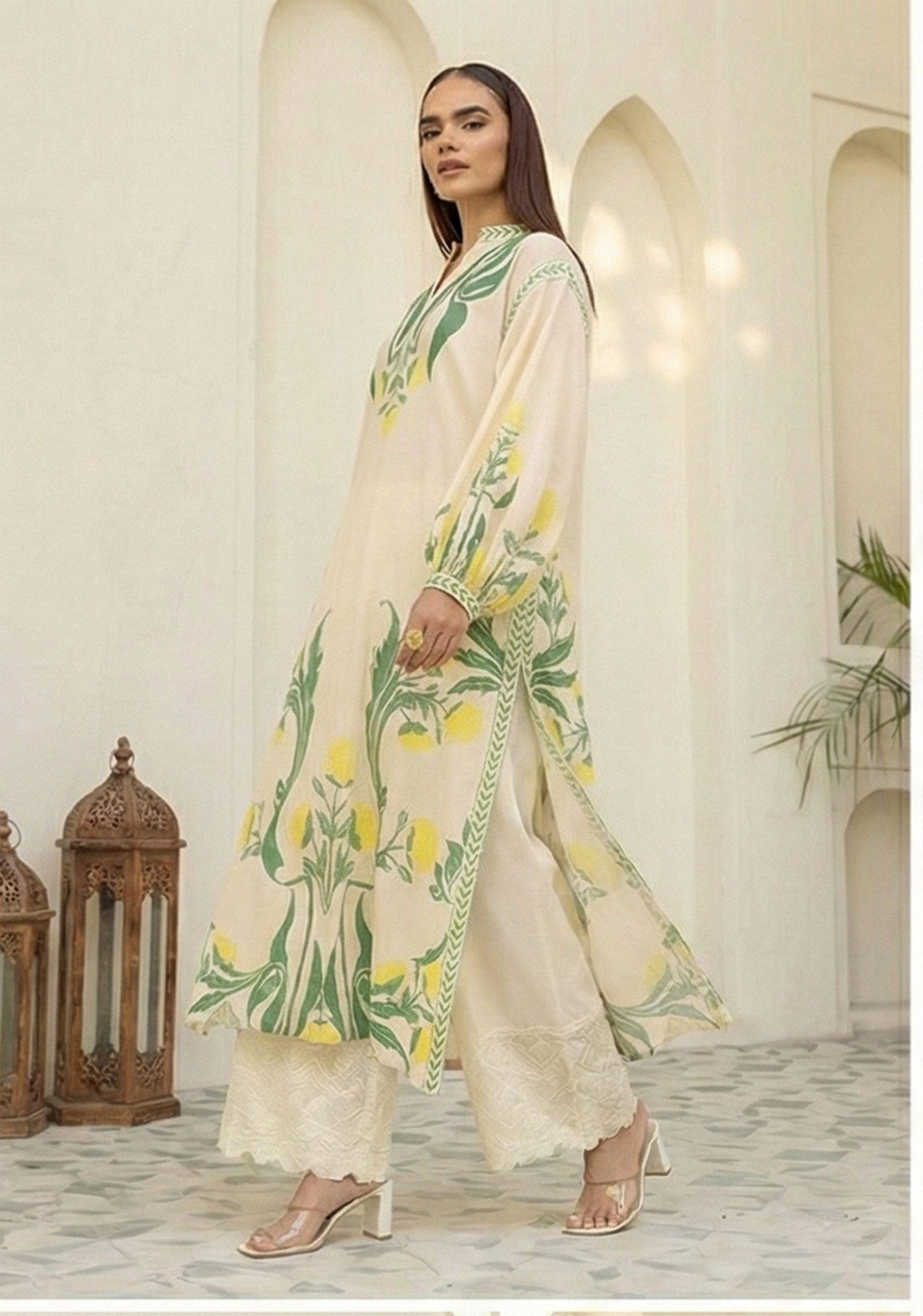 Lime Bloom Printed Long Shirt Civic Lawn by Qasim Yaqoob Pakistan