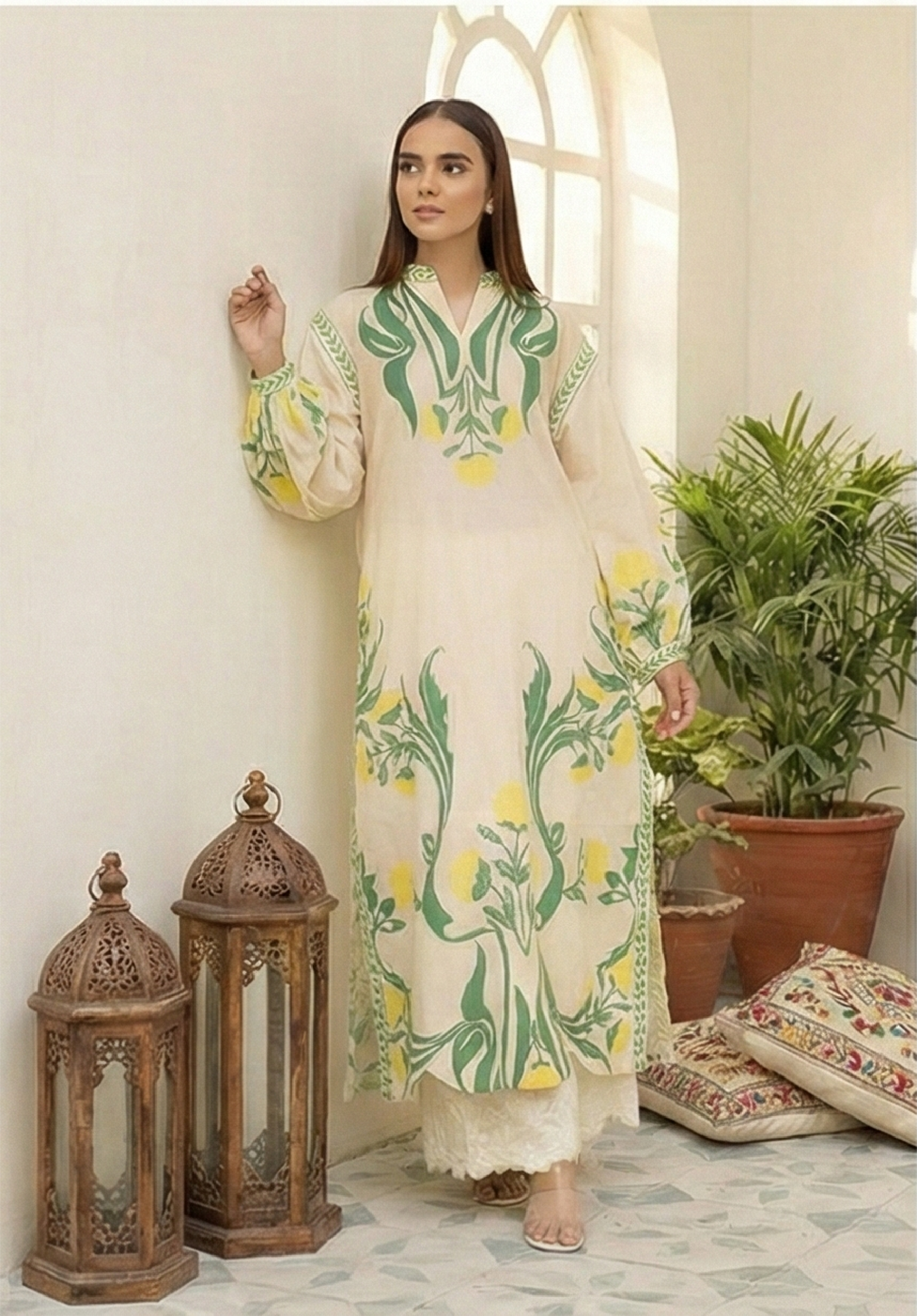 Lime Bloom – Printed Long Shirt