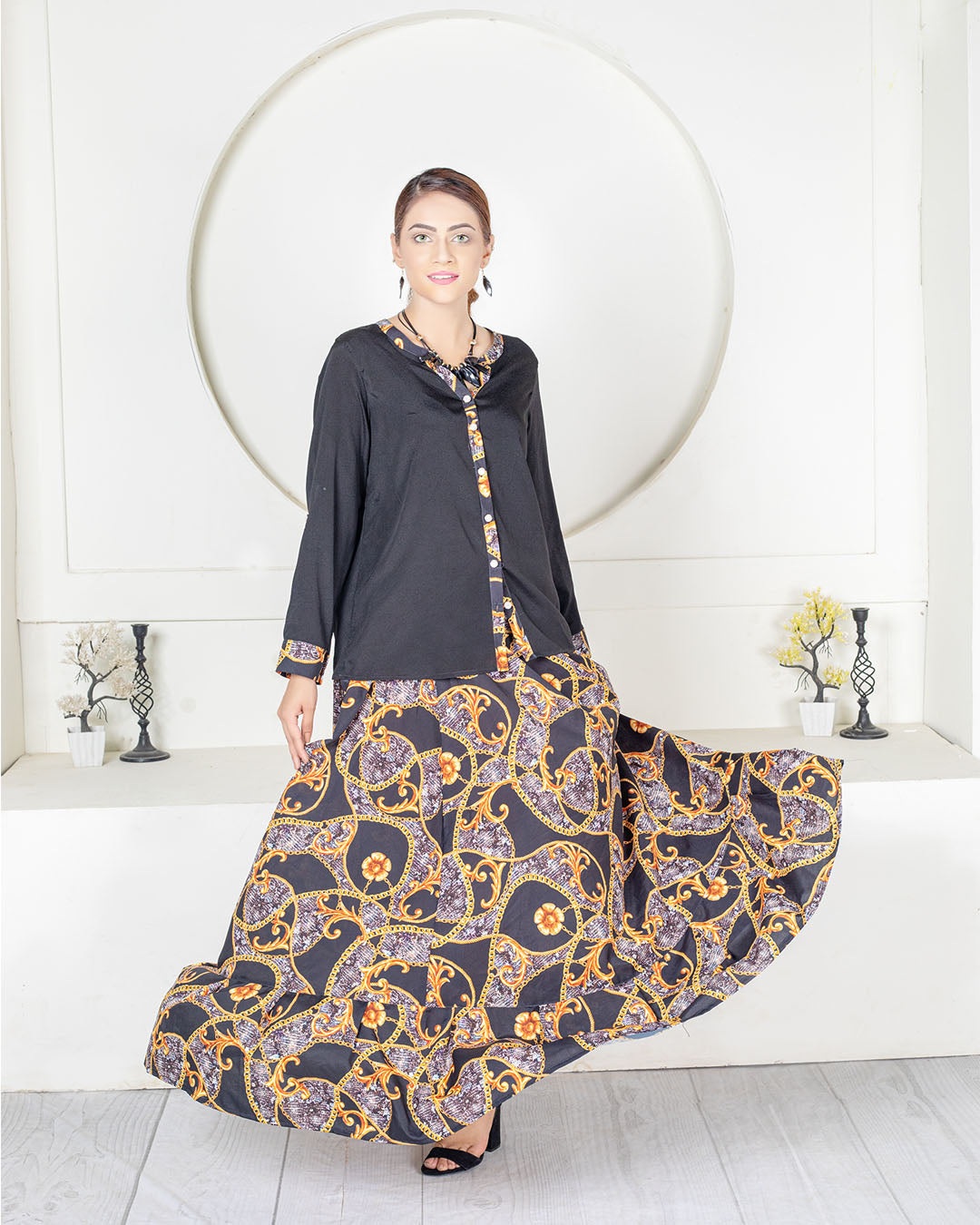Black Chain QY-383 Printed Skirt Set Qasim Yaqoob Pakistan