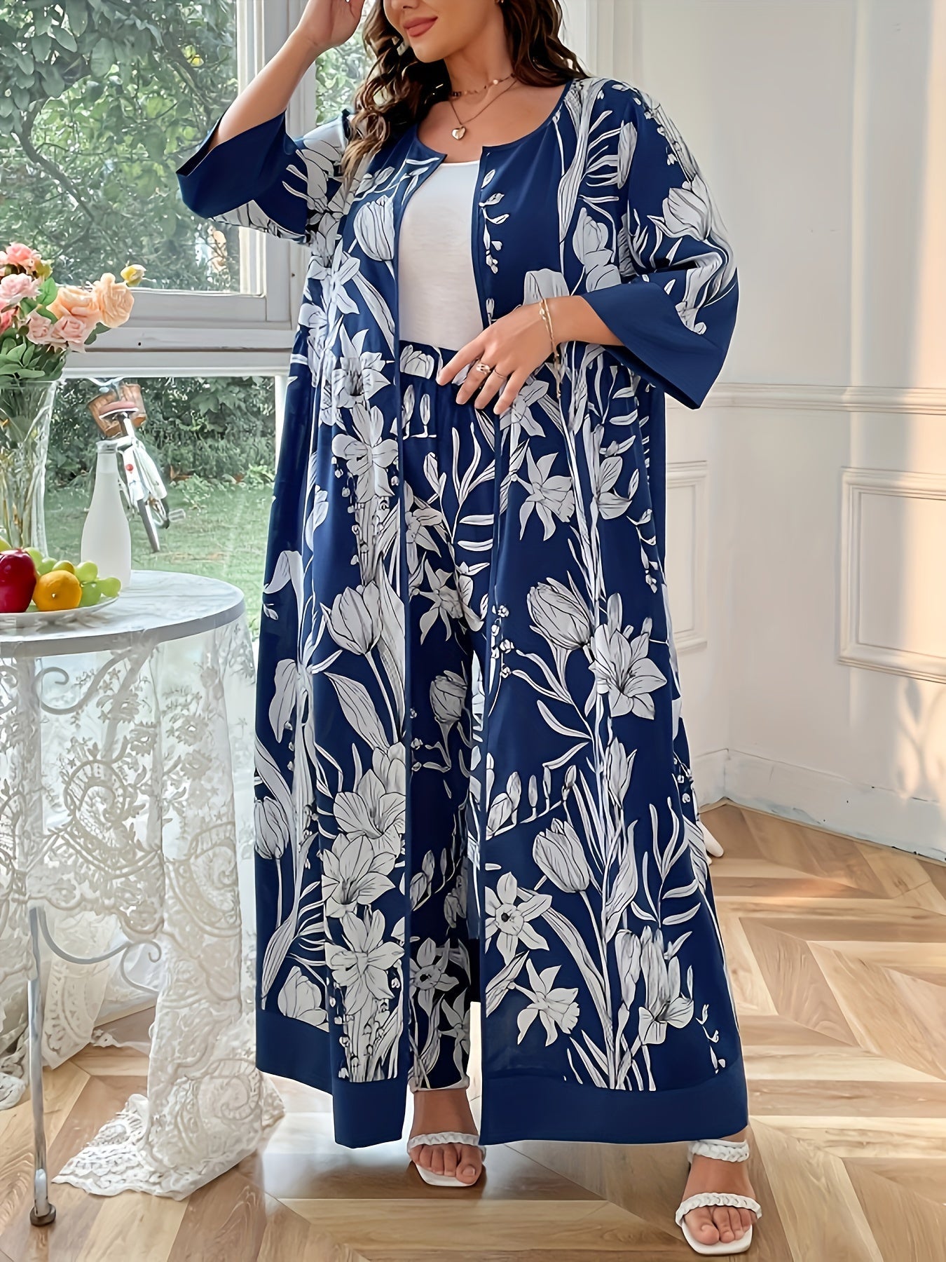 Floral Print Three-piece Gown Set