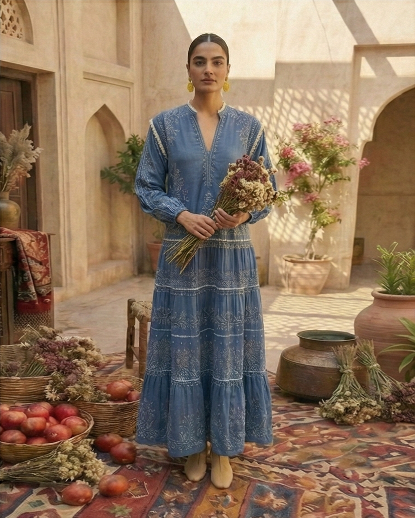 Azure Grace Denim Blue Floral Lawn Maxi Dress by Qasim Yaqoob