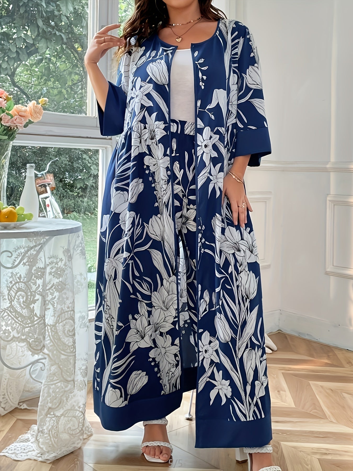 Floral Print Three-piece Gown Set