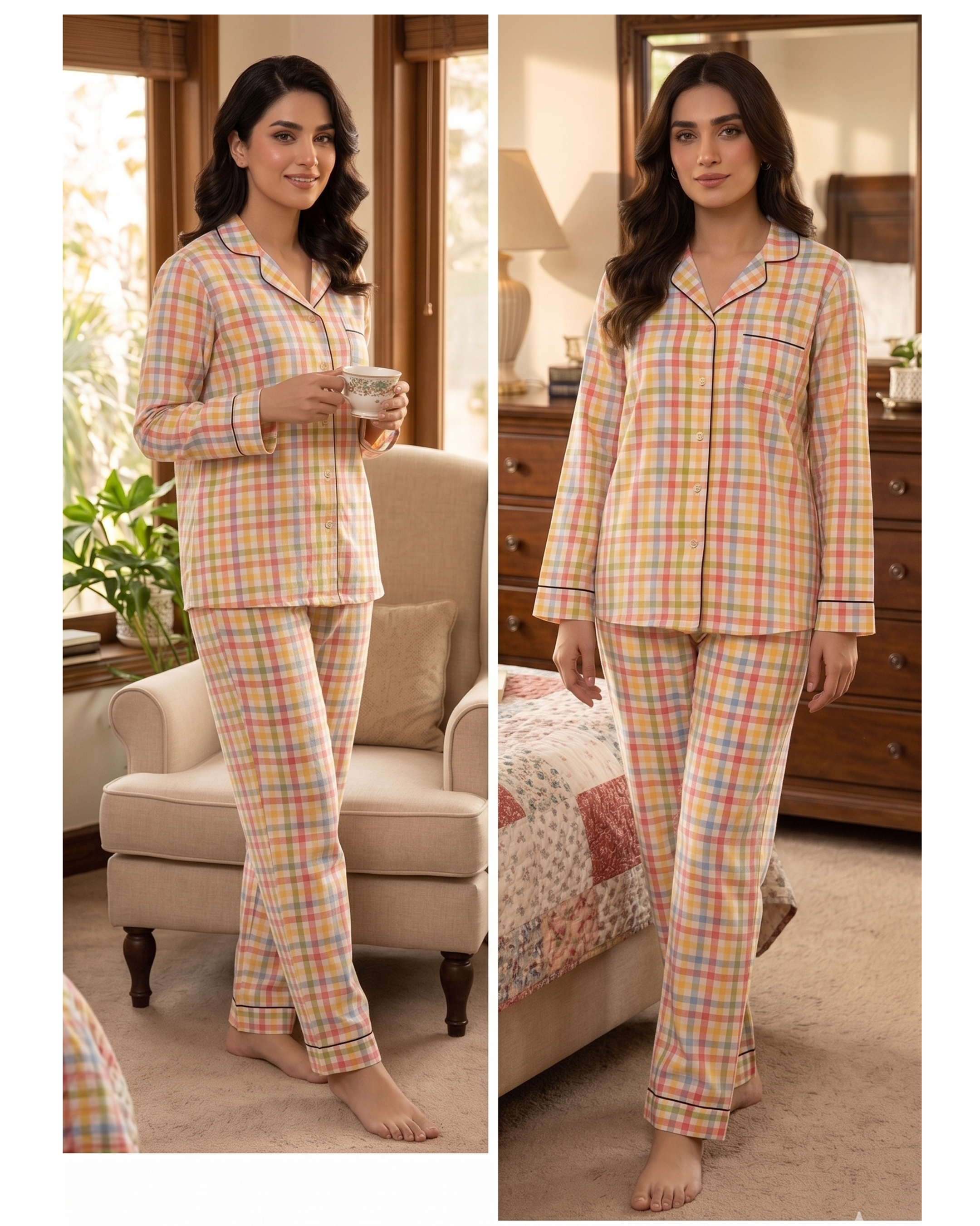 Luxury Checkered Shamose Silk 3-Piece Nightwear Set