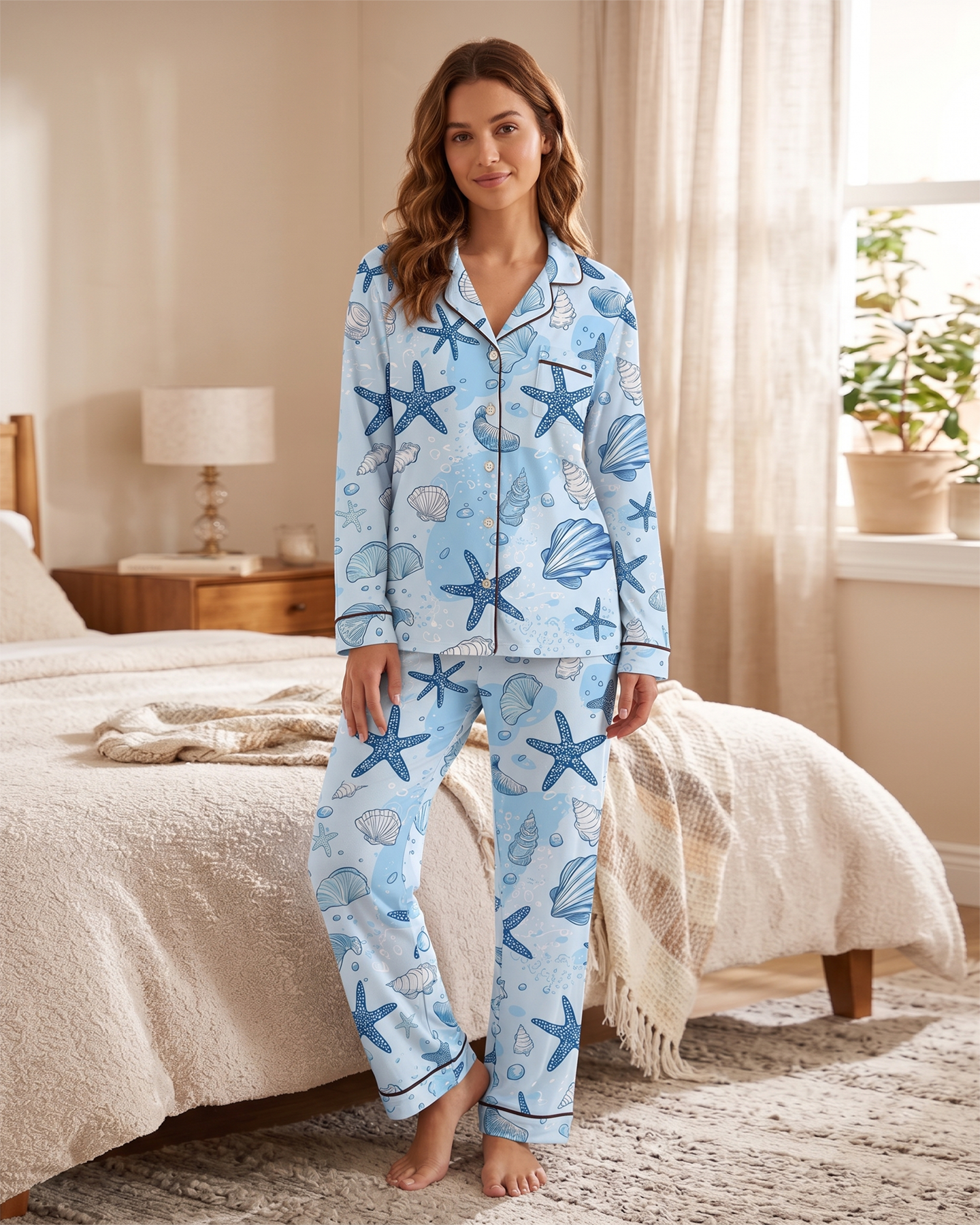 Ocean Shells Pattern Shamose Silk 3-Piece Nightwear Set