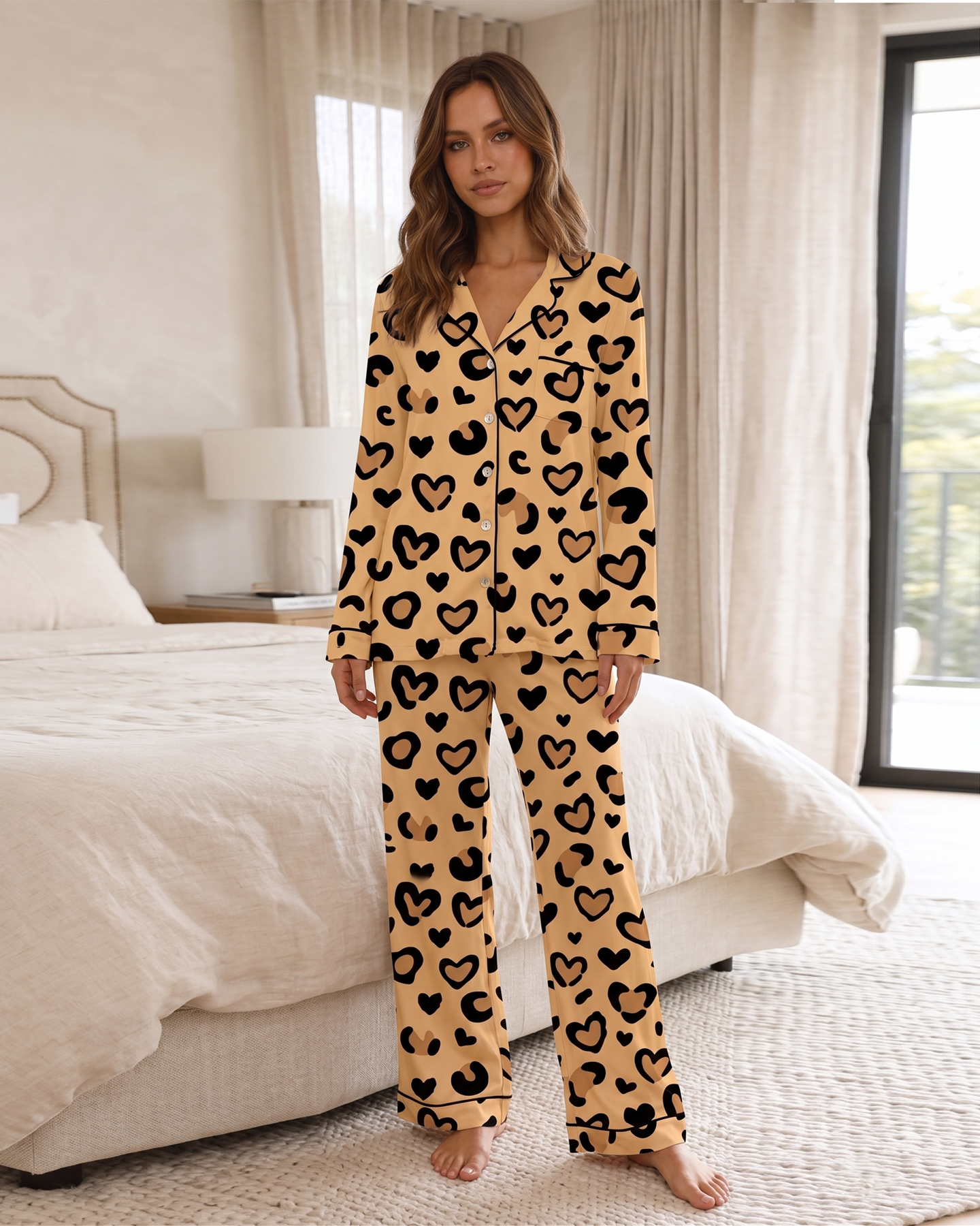 Cute Heart Shamose Silk 3-Piece Nightwear Set