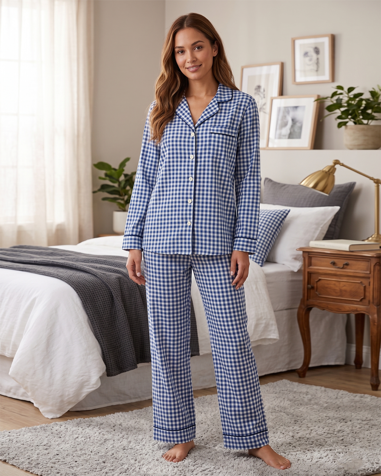 Gingham Pattern Shamose Silk 3-Piece Nightwear Set