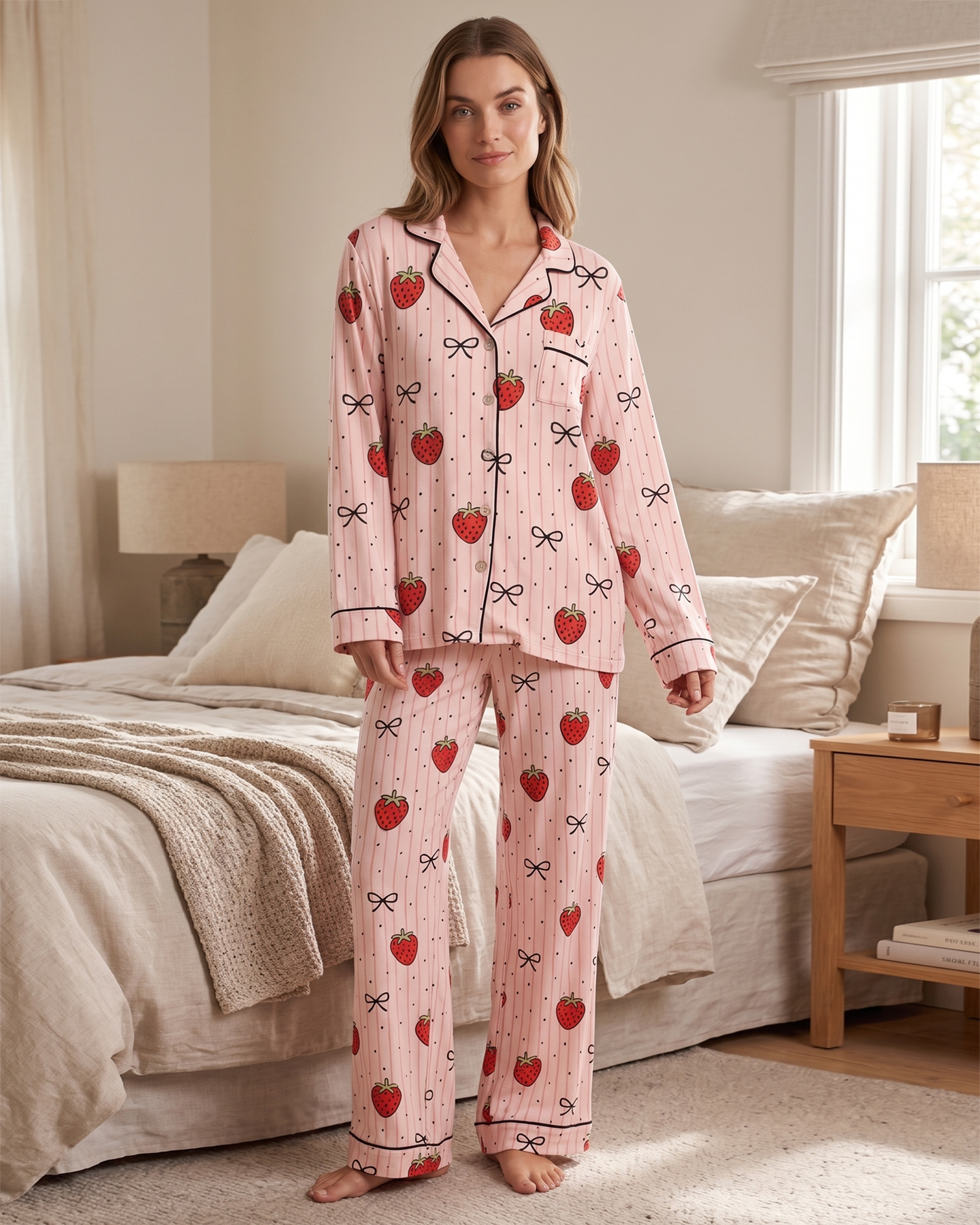 Strawberry Pattern Shamose Silk 3-Piece Nightwear Set