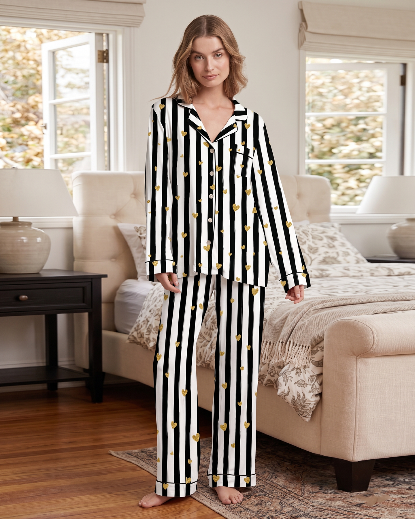 Gold Glittering heart Shamose Silk 3-Piece Nightwear Set