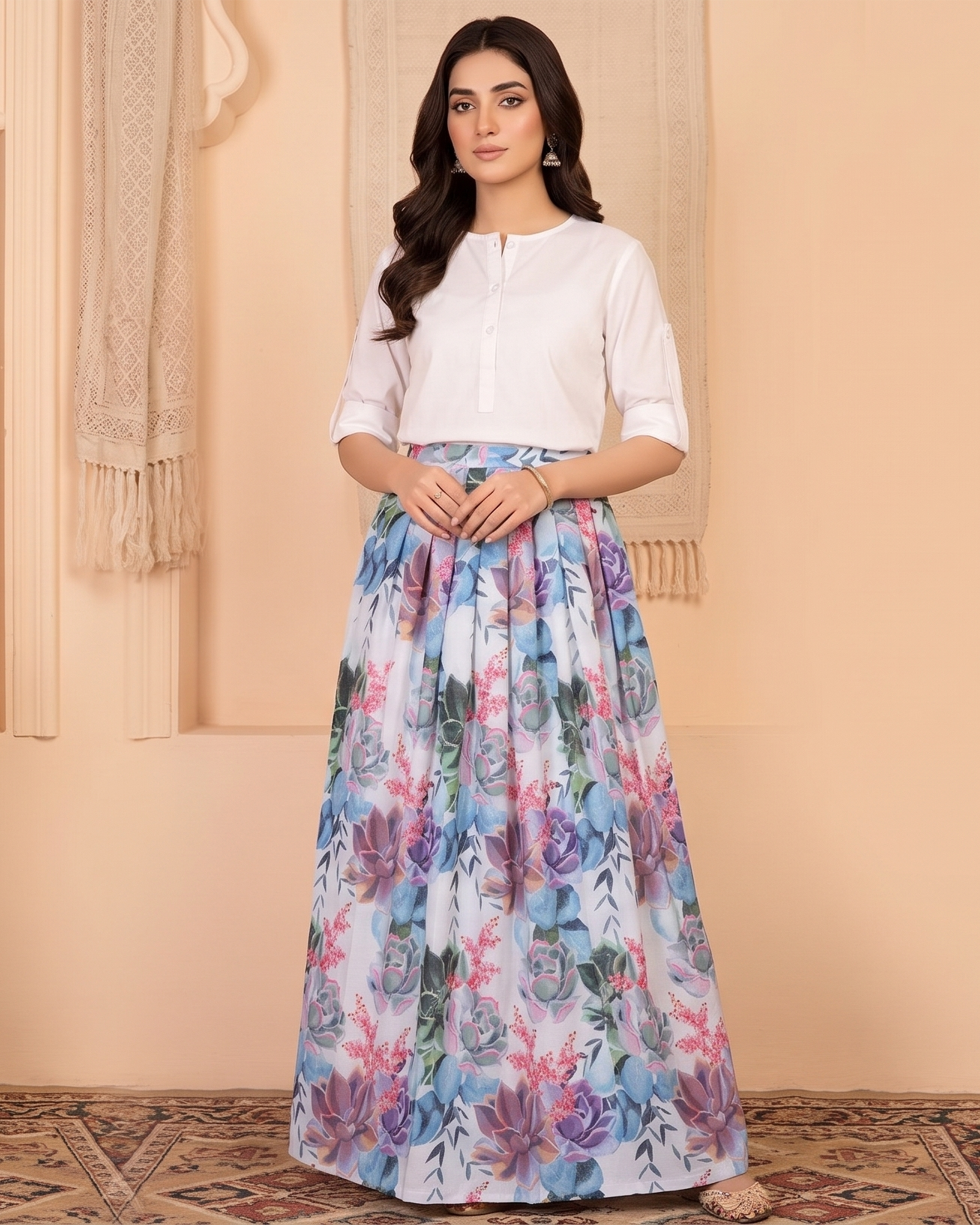 Iconic Style SK-64 Floral Printed Vogue Skirt 2-Piece Set by Qasim Yaqoob