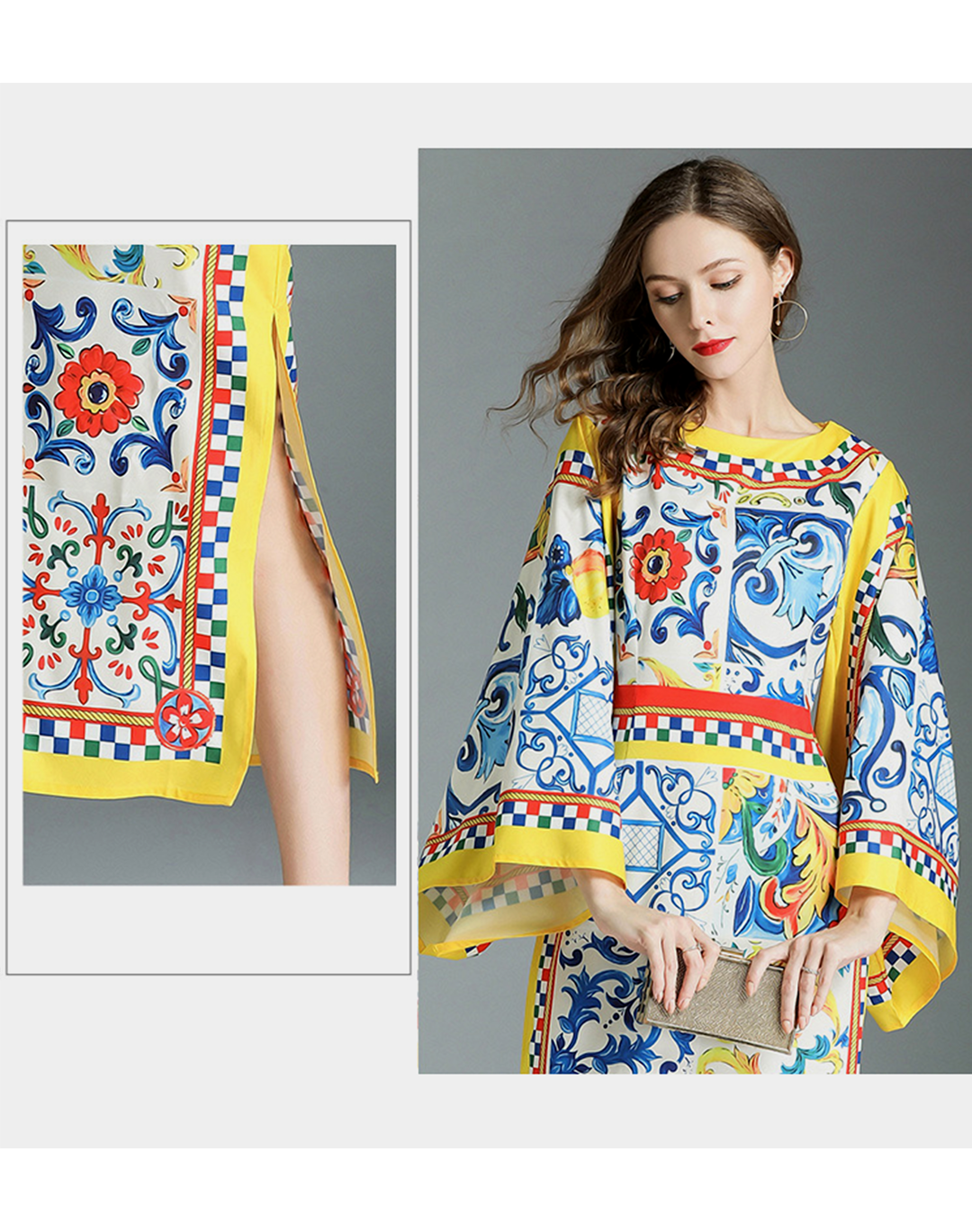 Ethnic Flare Sleeve Printing Slit Maxi Dress