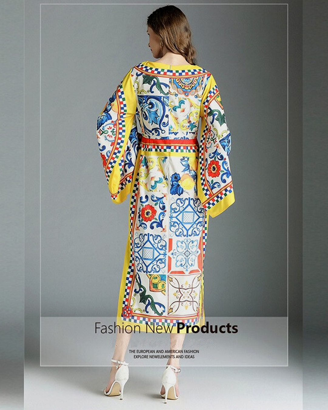 Ethnic Flare Sleeve Printing Slit Maxi Dress