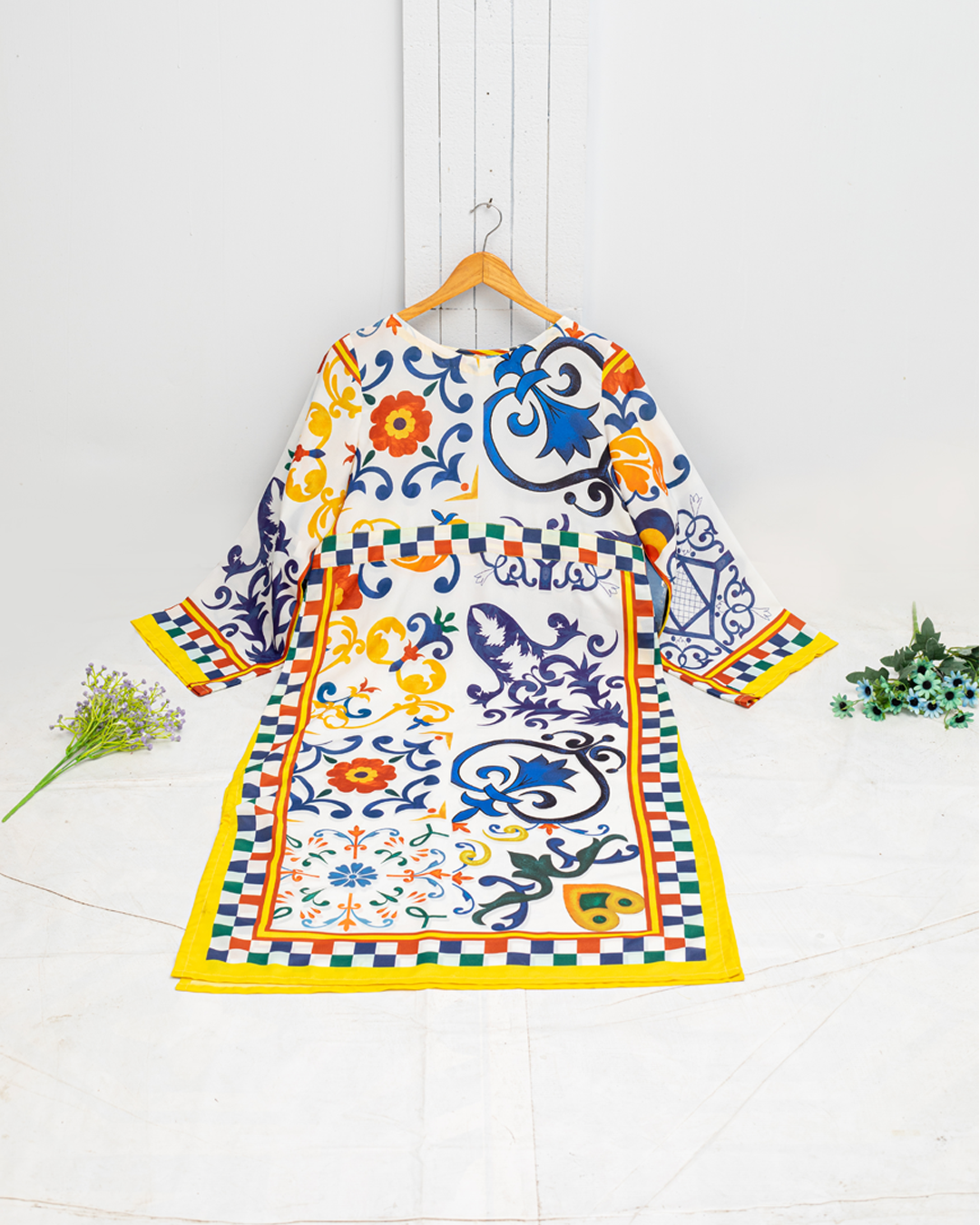 Ethnic Flare Sleeve Printing Slit Maxi Dress