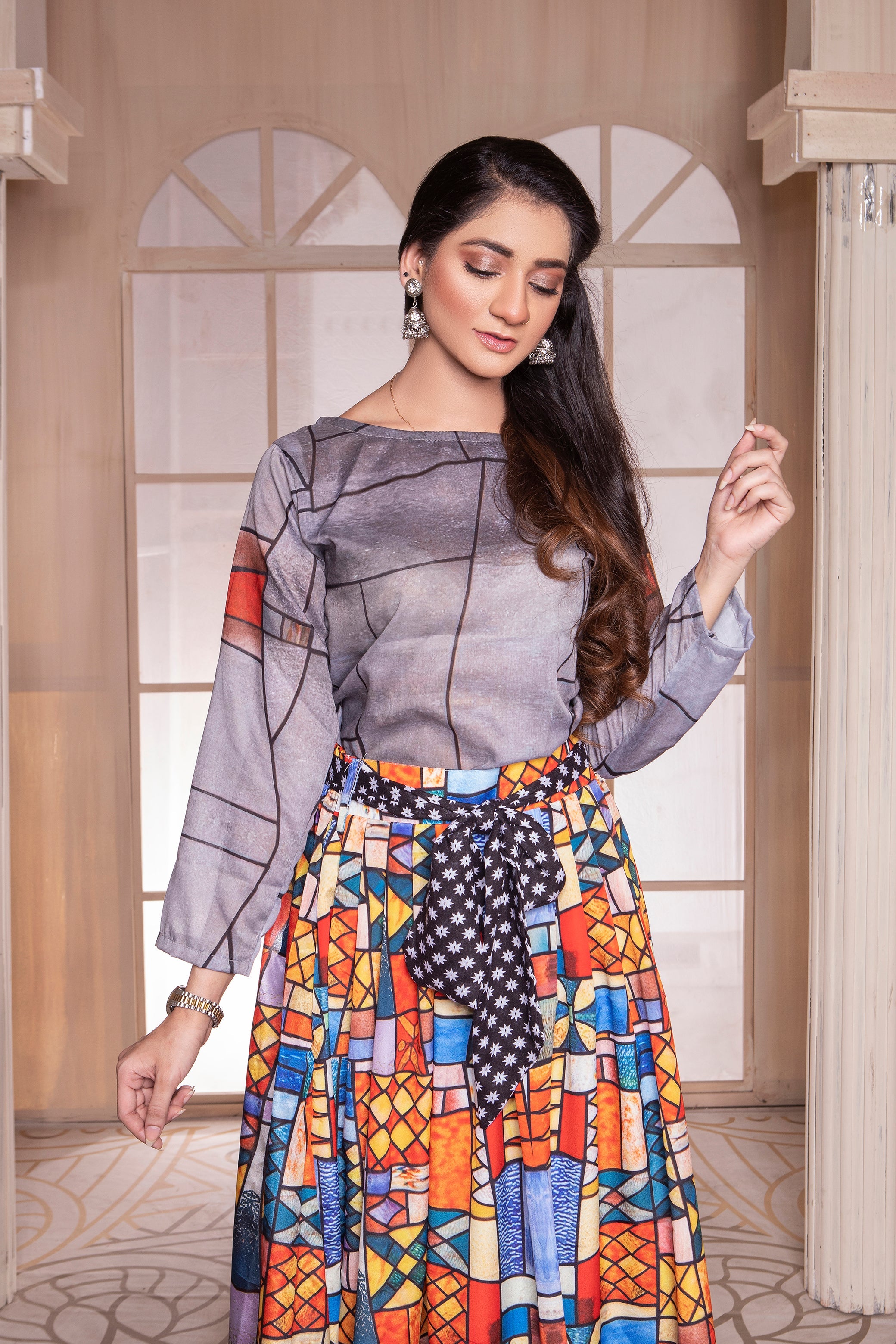 Qasim Yaqoob Multi Colour Silk Skirt Set Pakistan