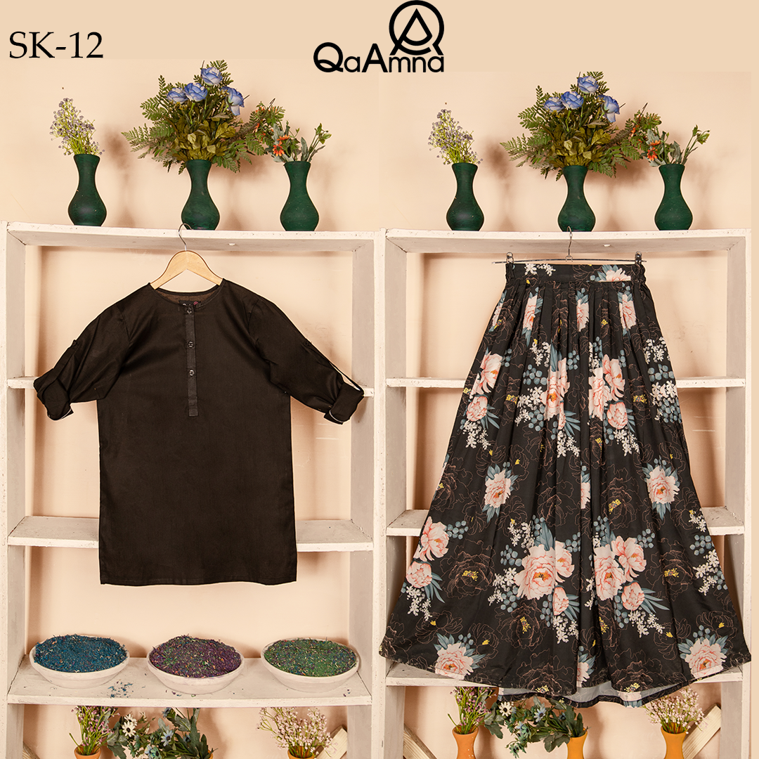 SK-12 Black and White Flower Silk Skirt Qasim Yaqoob Pakistan