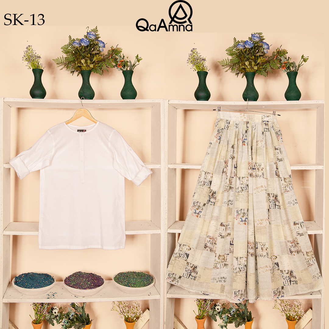 SK-13 Light Love Newspaper Silk Skirt Set Qasim Yaqoob Pakistan