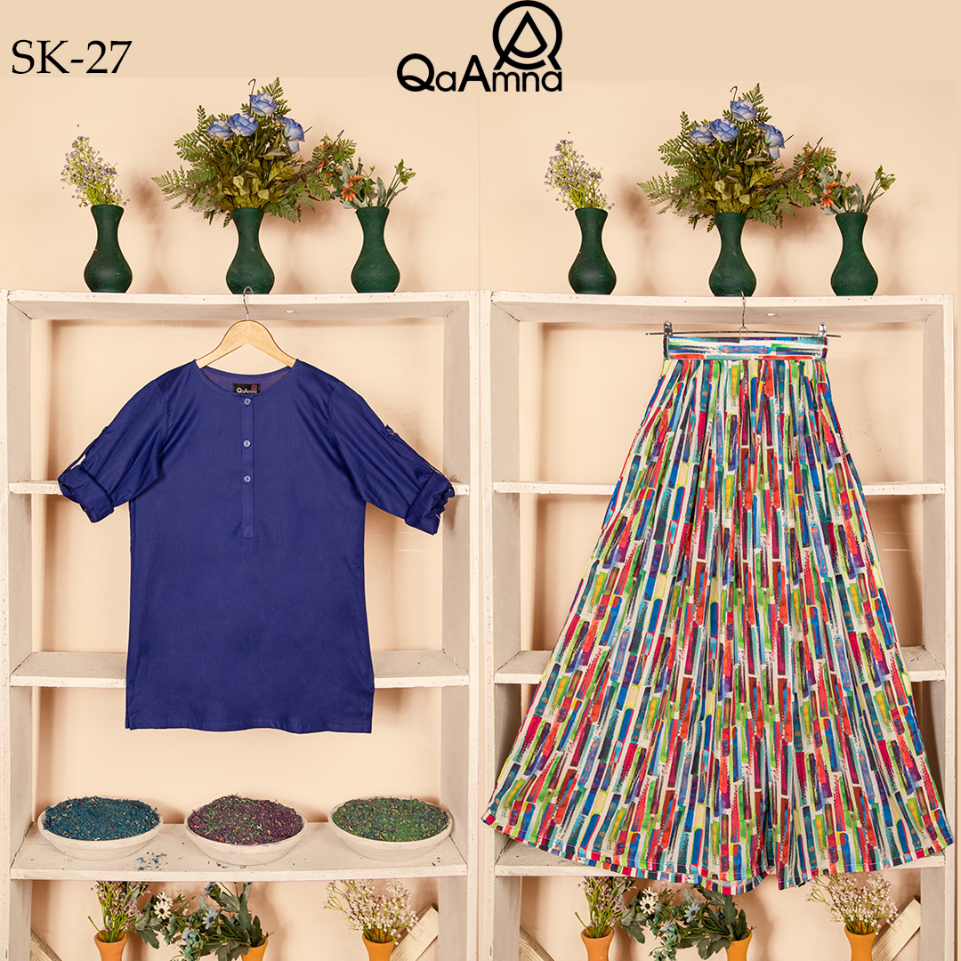 SK-27 Colorful Lines Silk Skirt Set Qasim Yaqoob Pakistan