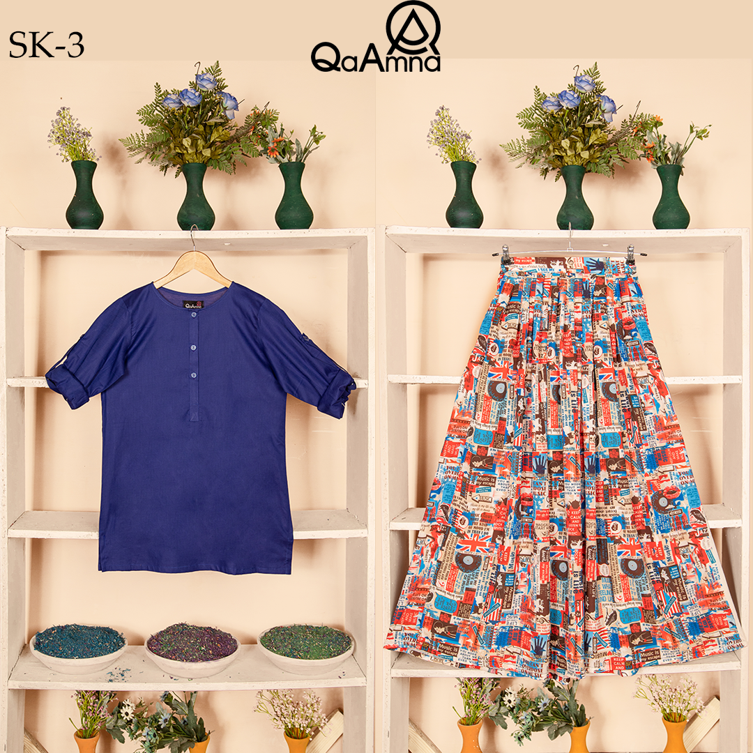 SK-3 Newspaper Print Silk Skirt Set Qasim Yaqoob Pakistan